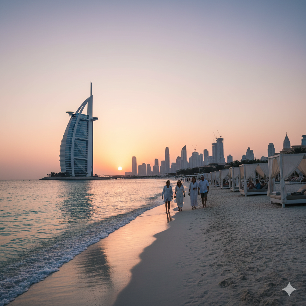 Image Instruction Generate a high-quality, realistic image in 16:9 (900×450 px) related to the article’s main keyword. What to see in Jumeirah beach? The image should visually evoke luxury travel in Dubai — e.g. a refined desert vista, elegant rooftop cityscape, or stylized architectural silhouette. Avoid text, watermarks, logos. Use natural lighting, soft tones, and balanced composition. Reflect the brand mood: modern, elegant, and evocative.